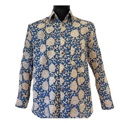 Floral Block Print Shirt | Hand Printed with White Flowers on Blue