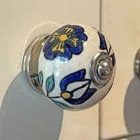 Floral Ceramic Knob  in blue, white and yellow