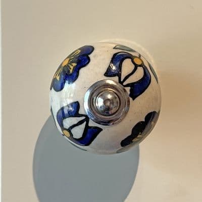 Floral Ceramic Knob  in blue, white and yellow