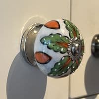 Floral Ceramic Knob in Green & Orange