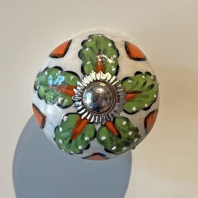 Floral Ceramic Knob in Green & Orange