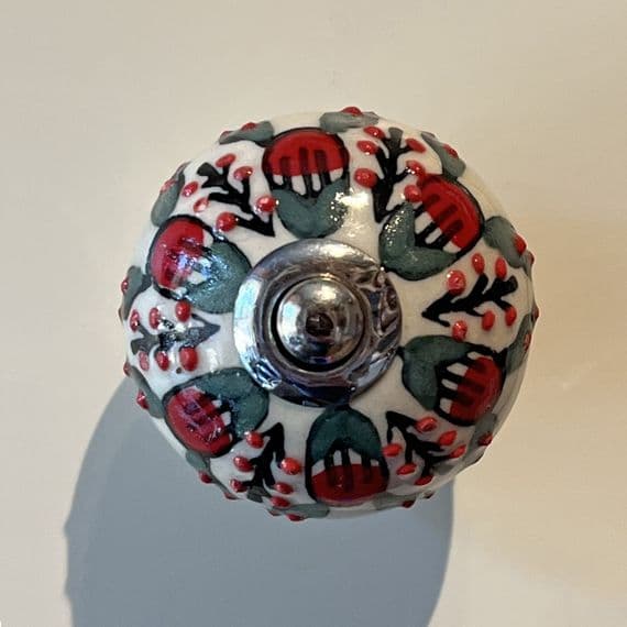 Floral Ceramic Knob in Red and Grey