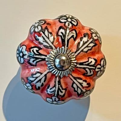 Floral Ceramic Knob in Red and White