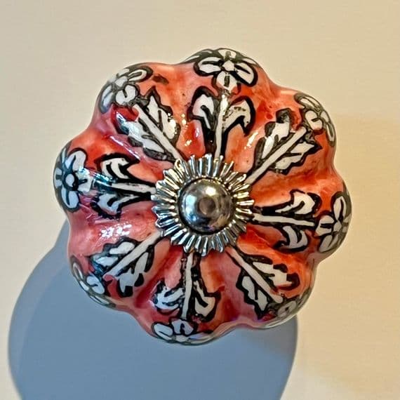 Floral Ceramic Knob in Red and White