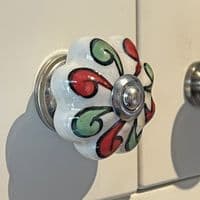 Floral Ceramic Knob in Red & Green Swirls