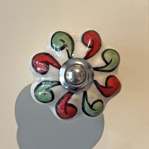 Floral Ceramic Knob in Red & Green Swirls