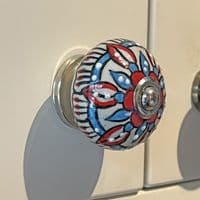 Floral Ceramic Knob in Red, White & Blue