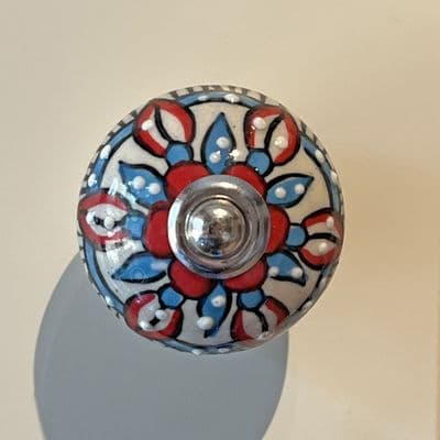 Floral Ceramic Knob in Red, White & Blue