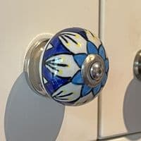 Floral Ceramic Knob in Turquoise & Dark Blue