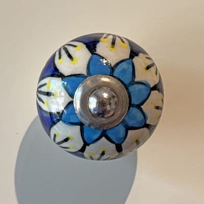 Floral Ceramic Knob in Turquoise & Dark Blue