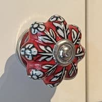 Floral Small Ceramic Knob in Red and White