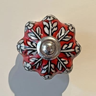 Floral Small Ceramic Knob in Red and White
