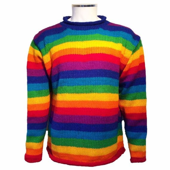 GOOD AS NEW Hand knitted jumper in vintage rainbow stripes (size M)