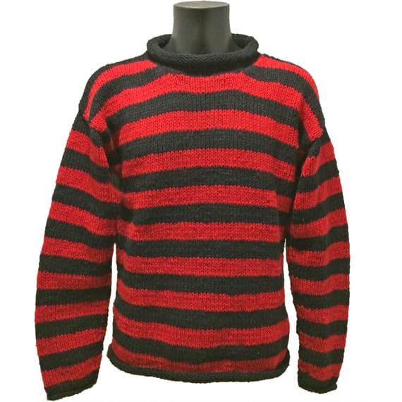 GOOD AS NEW hand knitted woollen jumper in black & red stripes (size L)