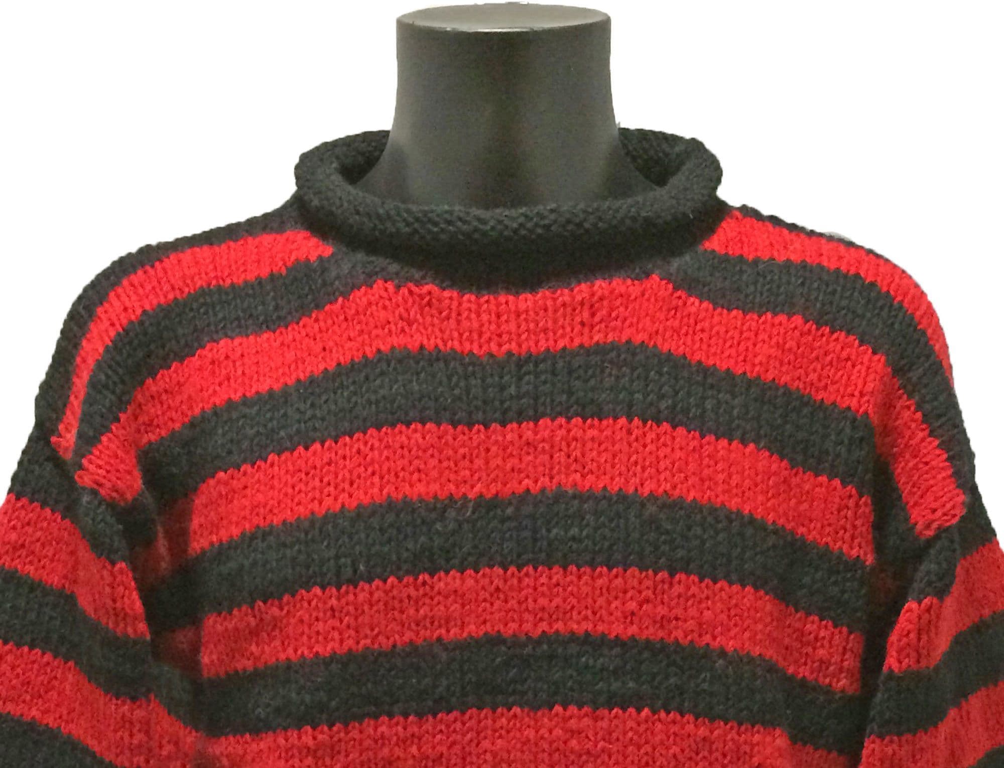 GOOD AS NEW hand knitted woollen jumper in black red stripes size M