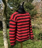 GOOD AS NEW hand knitted woollen jumper in black & red stripes (size S)