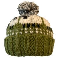 Green Knitted Bobble Hat With A Black Sheep And Fleece Lining