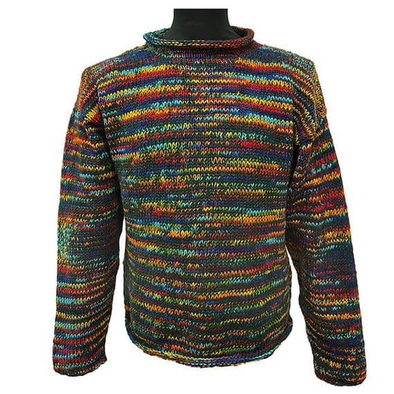 Hand Knitted Jumper in Green/Tie Dye Rainbow
