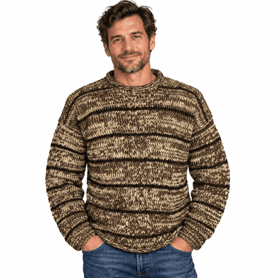 Hand knitted jumper in mottled cream and brown with stripes