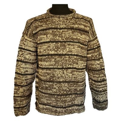 Hand knitted jumper in mottled cream and brown with stripes