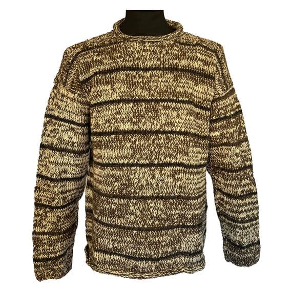 Hand knitted jumper in mottled cream and brown with stripes
