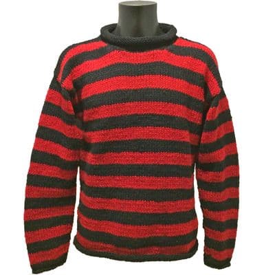 Hand knitted woollen jumper in black & red stripes