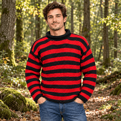 Hand knitted woollen jumper in black & red stripes