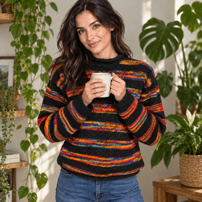 Hand knitted woollen jumper in black with rainbow stripes