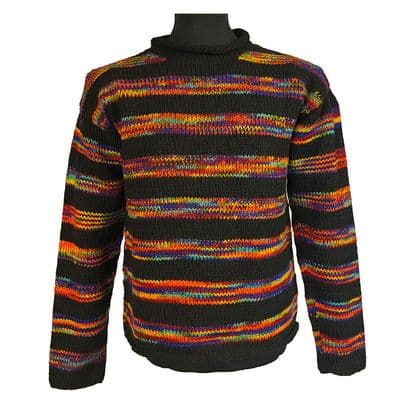 Hand knitted woollen jumper in black with rainbow stripes