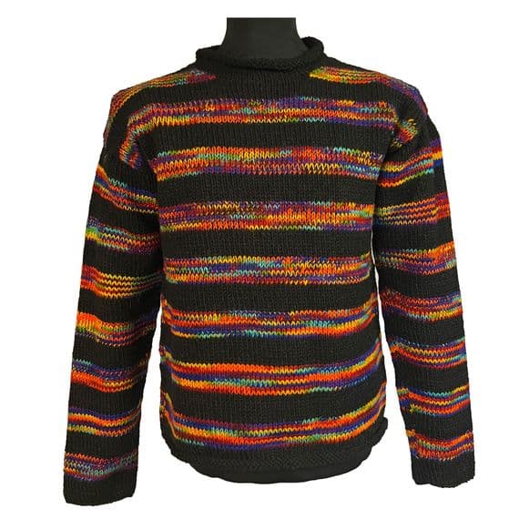 Hand knitted woollen jumper in black with rainbow stripes