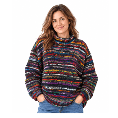 Hand knitted woollen jumper in blue rainbow stripes