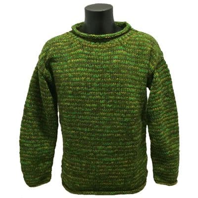 Hand knitted woollen jumper in mottled green