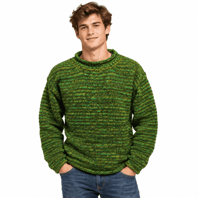 Hand knitted woollen jumper in mottled green