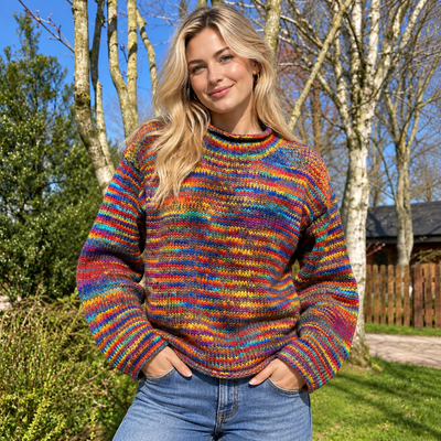Hand knitted woollen jumper in soft grey and rainbow stripes