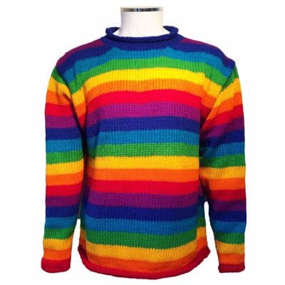 Handknitted jumper in vintage rainbow stripes (Size S)