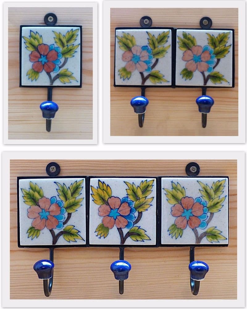 Indian ceramic tile hook white with pink flower