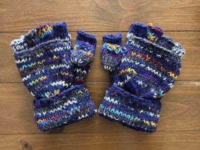 Knitted Fingerless Glove with Mitten Flap in Blue and Rainbow