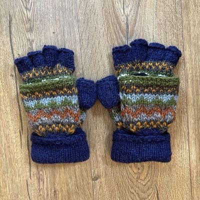 Knitted Fingerless Glove with Mitten Flap in Blue Fair Isle