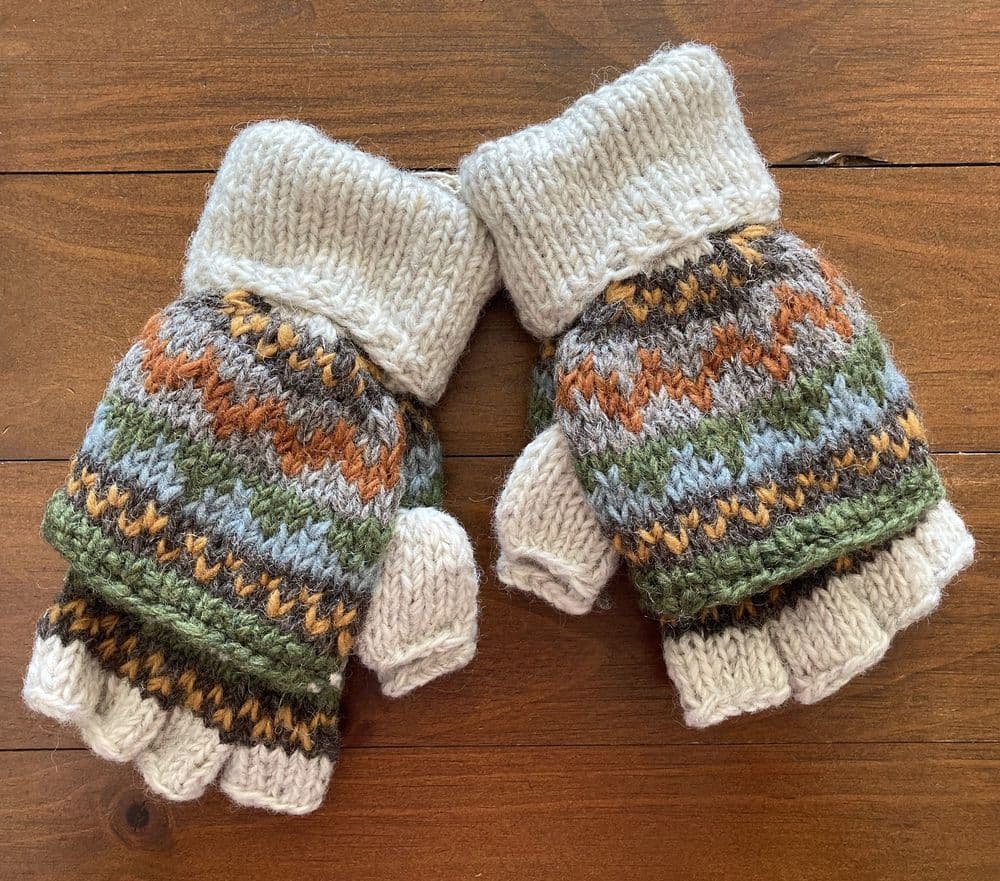 Knitted Fingerless Glove with Mitten Flap in Cream Fair Isle