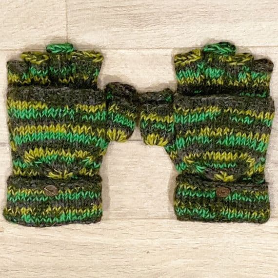Knitted Fingerless Glove with Mitten Flap in Greens