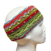 Knitted Headband in Red and Turquoise with embroidery