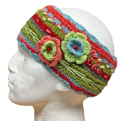 Knitted Headband in Red and Turquoise with embroidery