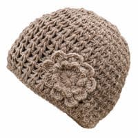 Light brown beanie with crochet flower