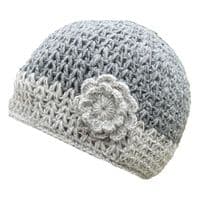 Light grey beanie with light grey border and flower