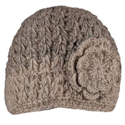 Light grey beanie with light grey border and flower