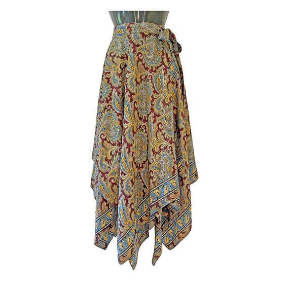 Long Wrap Zig Zag Skirt in Grey, Maroon, Blue & Gold Paisley
