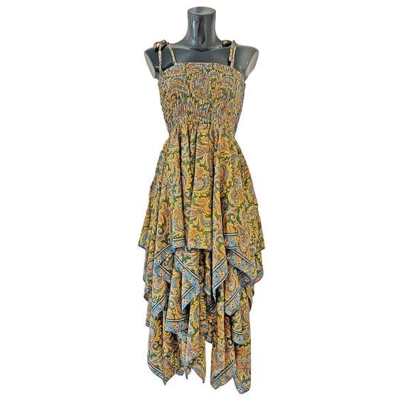 Long Zig Zag Dress in Green & Gold Paisley