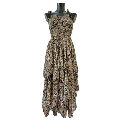 Long Zig Zag Dress in Grey, Black & Gold Paisley