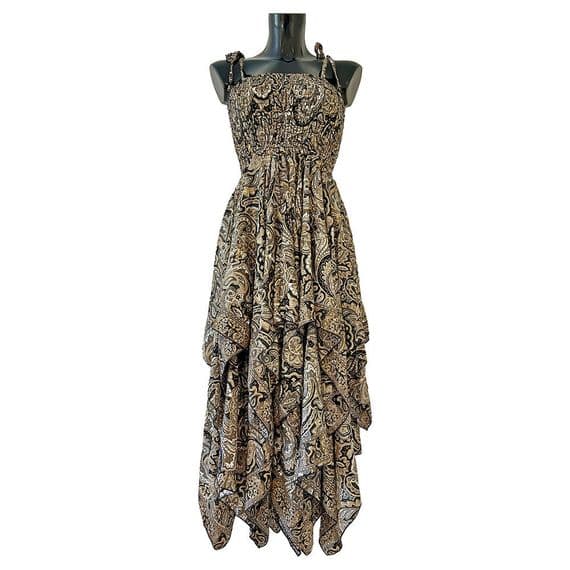 Long Zig Zag Dress in Grey, Black & Gold Paisley