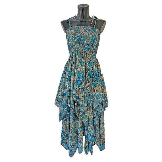 Long Zig Zag Dress in Turquose, Navy & Gold Paisley